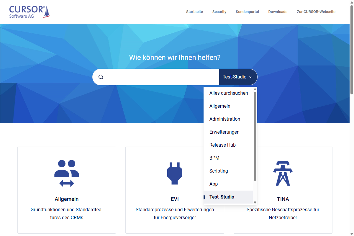 Man sieht eine Suchleiste ohne Inhalt. Am Ende der Suchleiste ist ein Menü aufgeklappt, welches verschiedene Inhaltsquellen des Help Centers anzeigt.